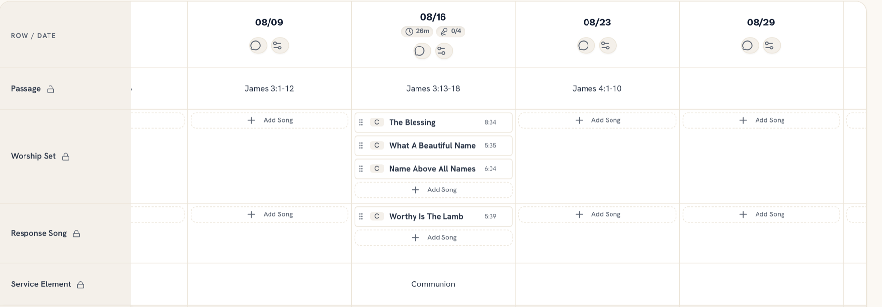 Church service planning software: the Ministry Planner Service Planner matrix with the passage carried over from the teaching calendar, a three-song worship set, a response song and the Communion service element on one Sunday column