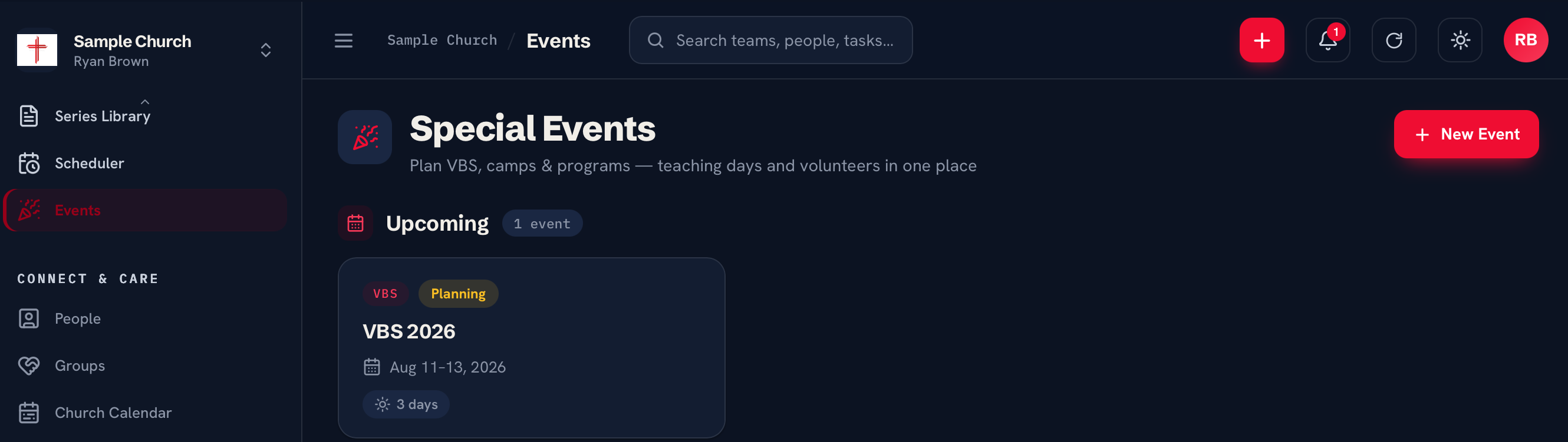The Special Events list in Ministry Planner showing an upcoming church event with its type, status and length in days