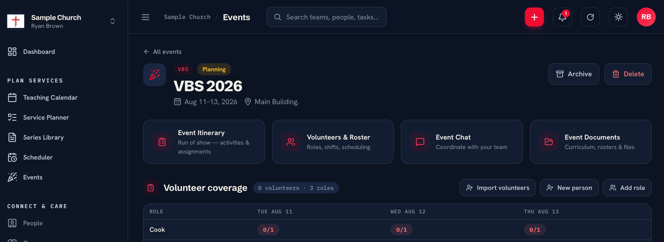Church event planning software: the Ministry Planner event workspace for VBS 2026, showing the event itinerary, volunteers and roster, event chat, event documents, and a volunteer coverage grid by role and day