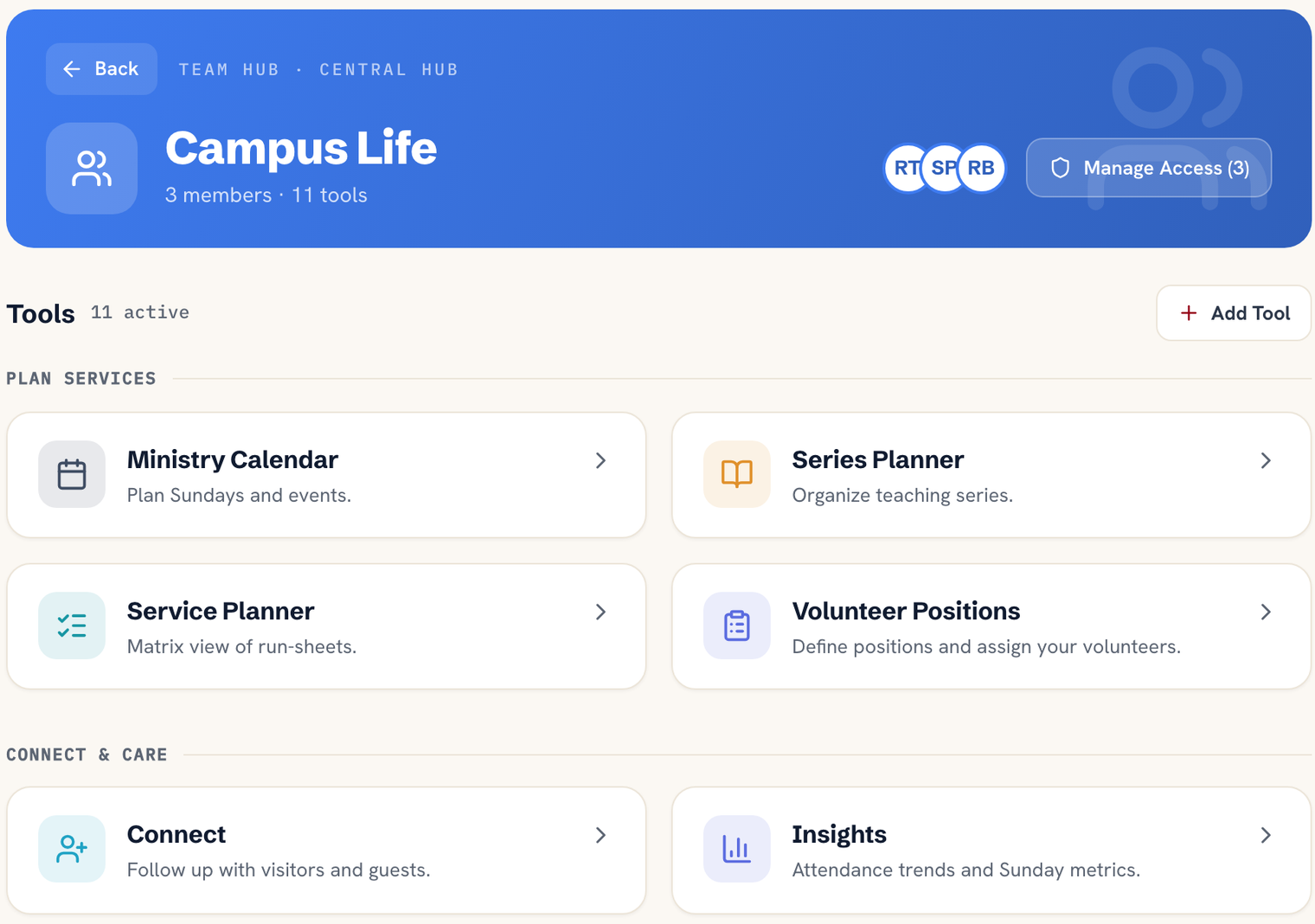Church team hub with shared tools