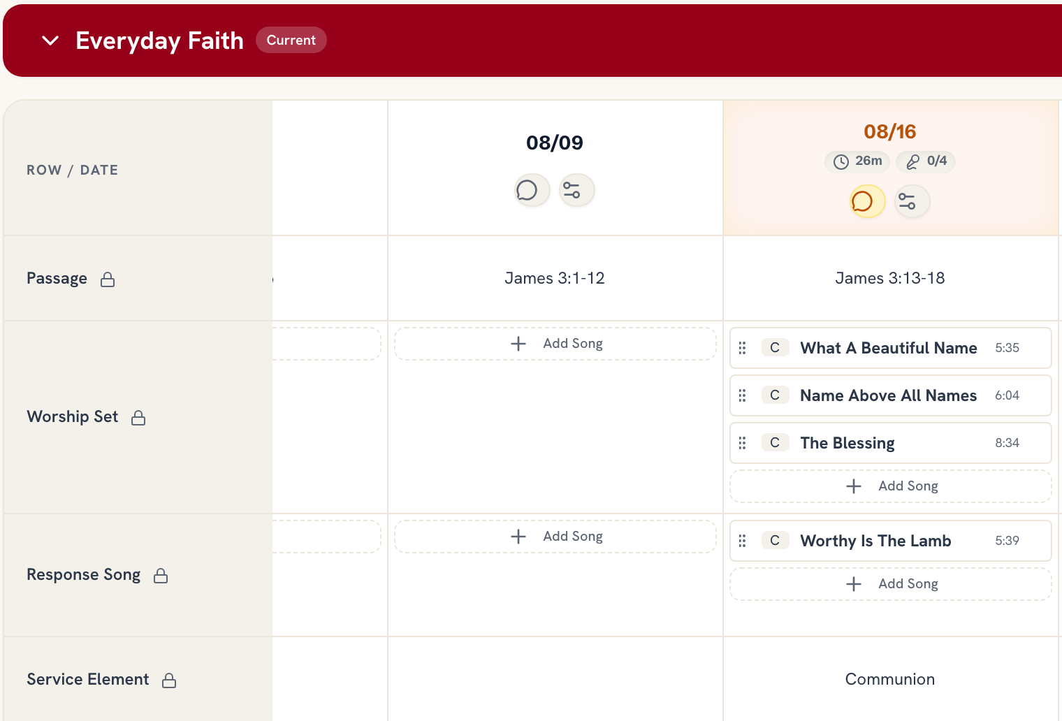 The Service Planner master matrix showing series with weekly columns for passages, worship sets, and service elements