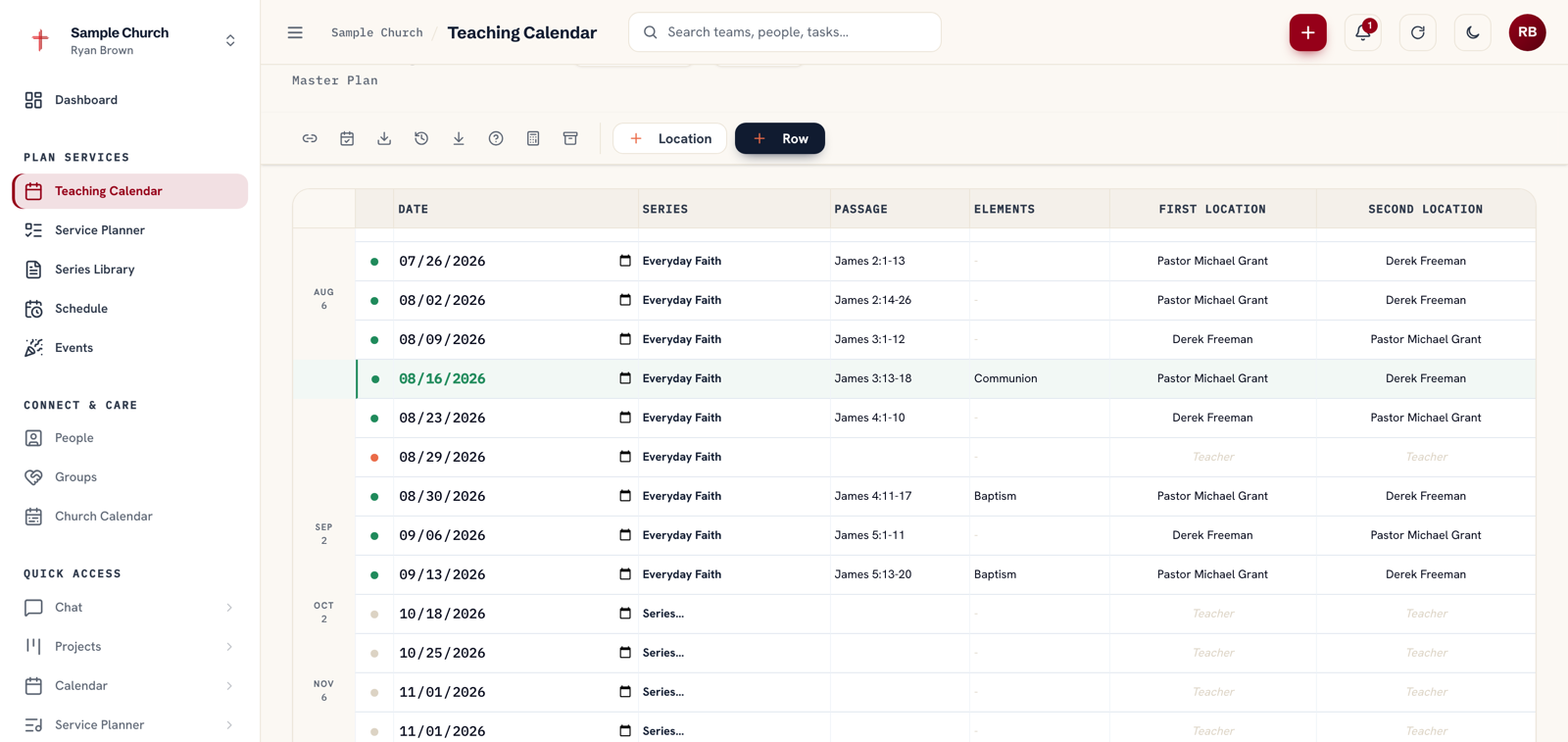Church teaching calendar software: the Ministry Planner Teaching Calendar master plan, showing every Sunday of a series with its date, passage, service element and the teaching pastor assigned at each campus