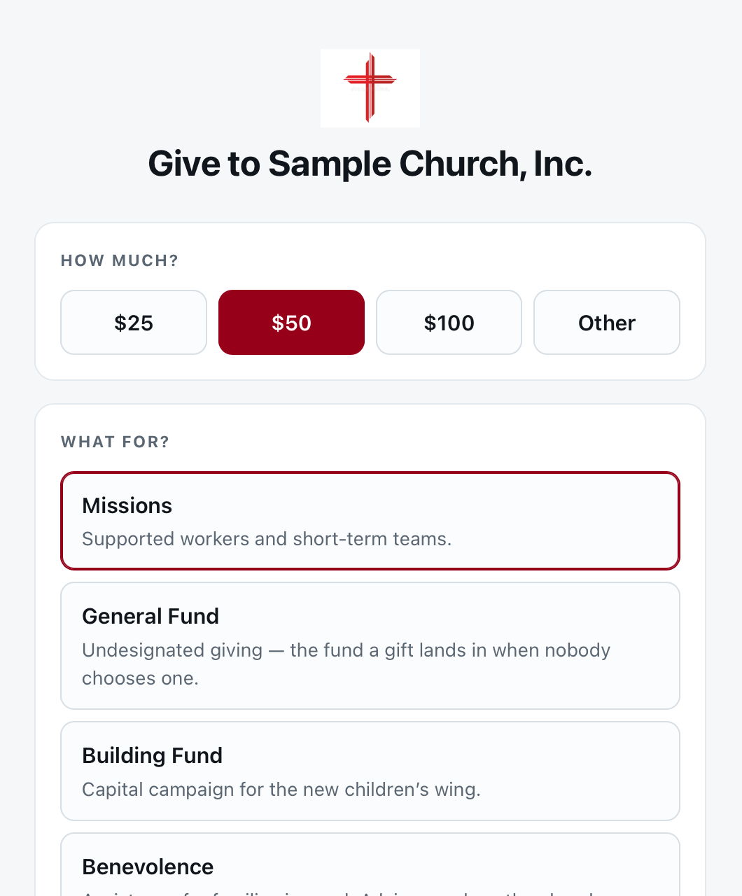 A church giving page on Ministry Planner: the church's own logo and name above amount buttons for $25, $50 and $100 with $50 chosen, then a fund picker listing Missions, General Fund, Building Fund and Benevolence, each with a short description of what it pays for