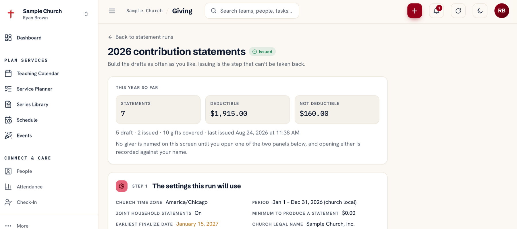 A year-end contribution statement run in Ministry Planner: 7 statements covering $1,915.00 deductible and $160.00 not deductible, with 5 drafts and 2 issued, and a settings panel showing the church's time zone, tax period, legal name and the substantiation sentence frozen into every statement