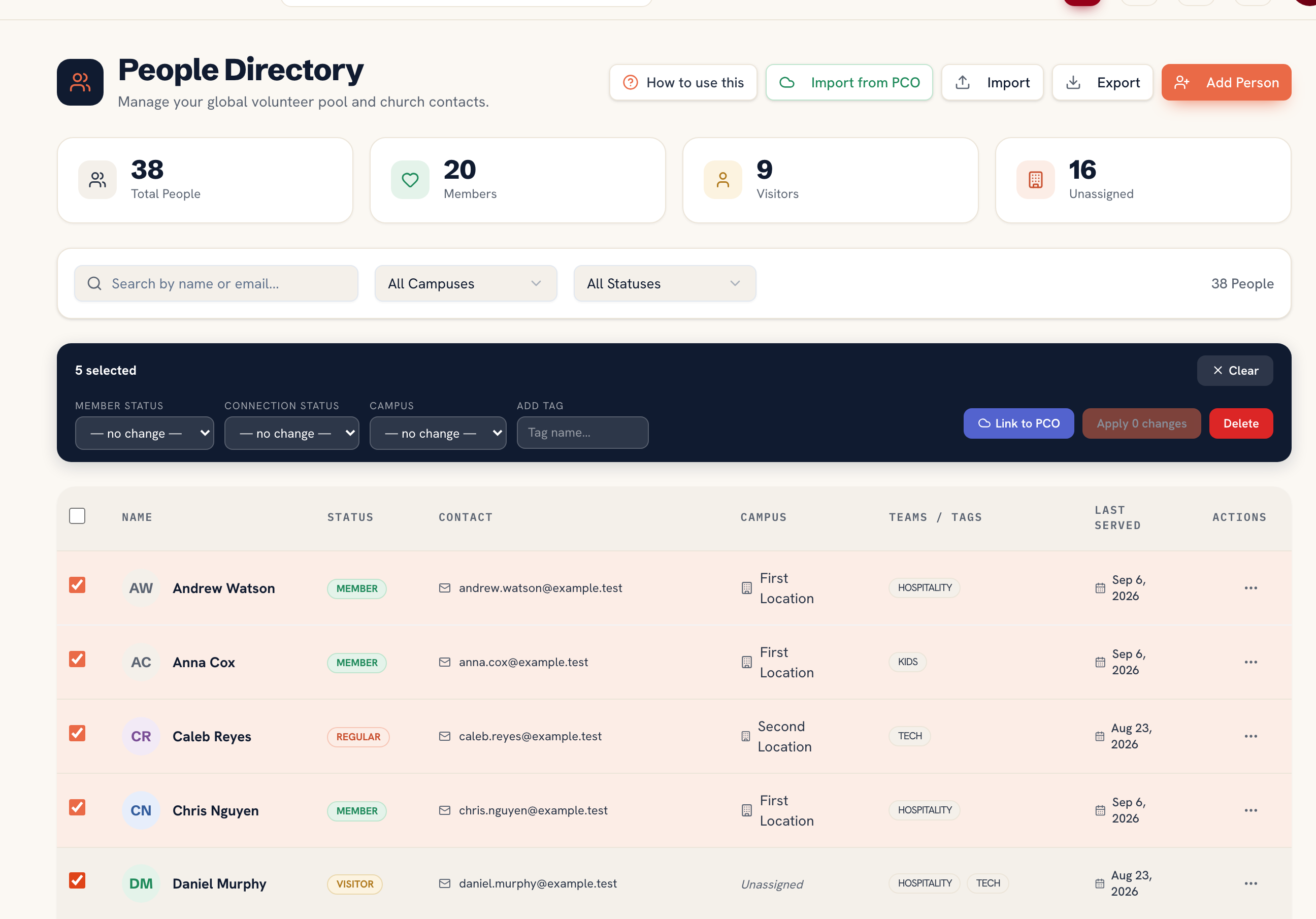 Selecting several people in the directory to set member status, campus or a tag for all of them at once