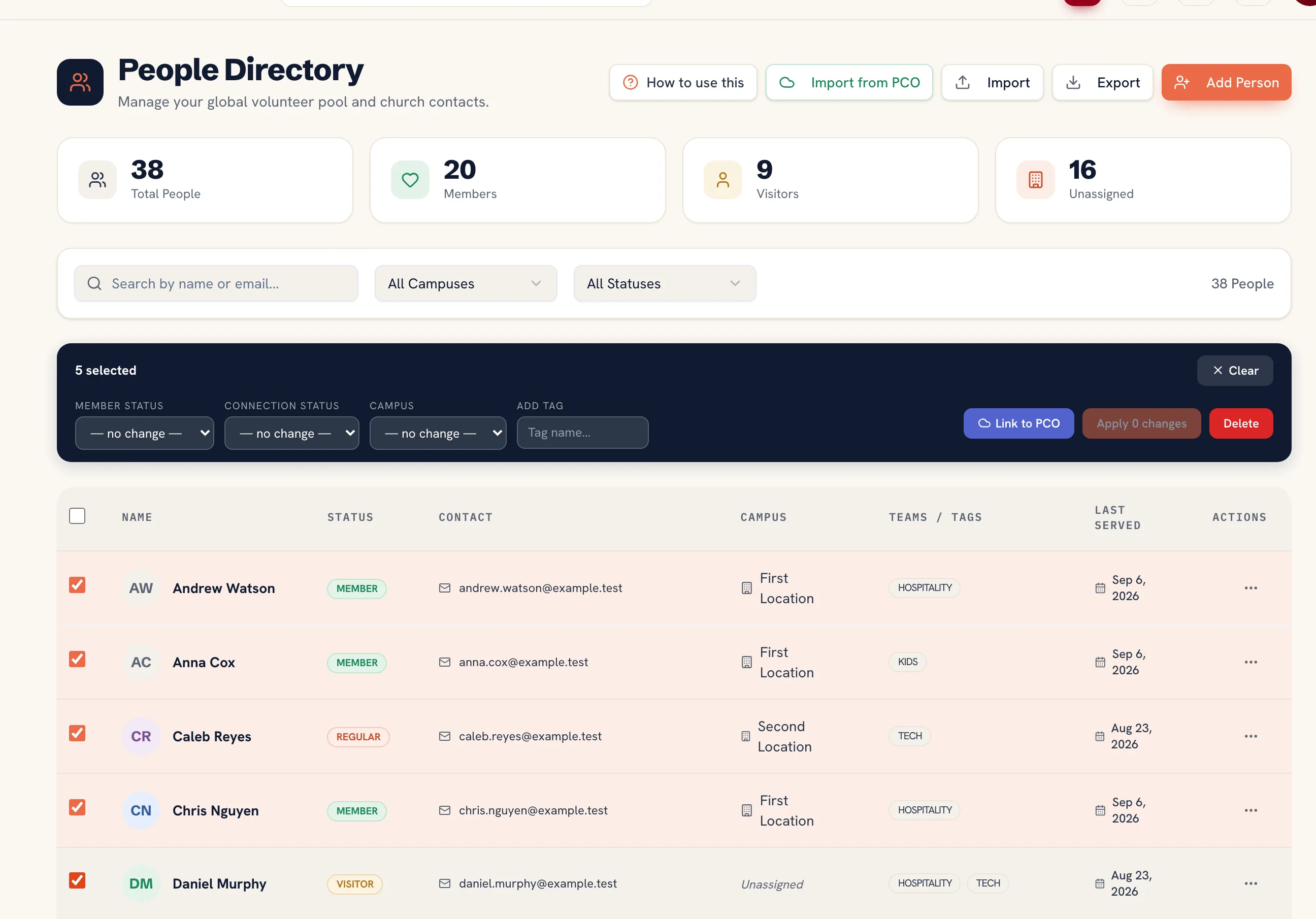 Selecting several people in the directory to set member status, campus or a tag for all of them at once