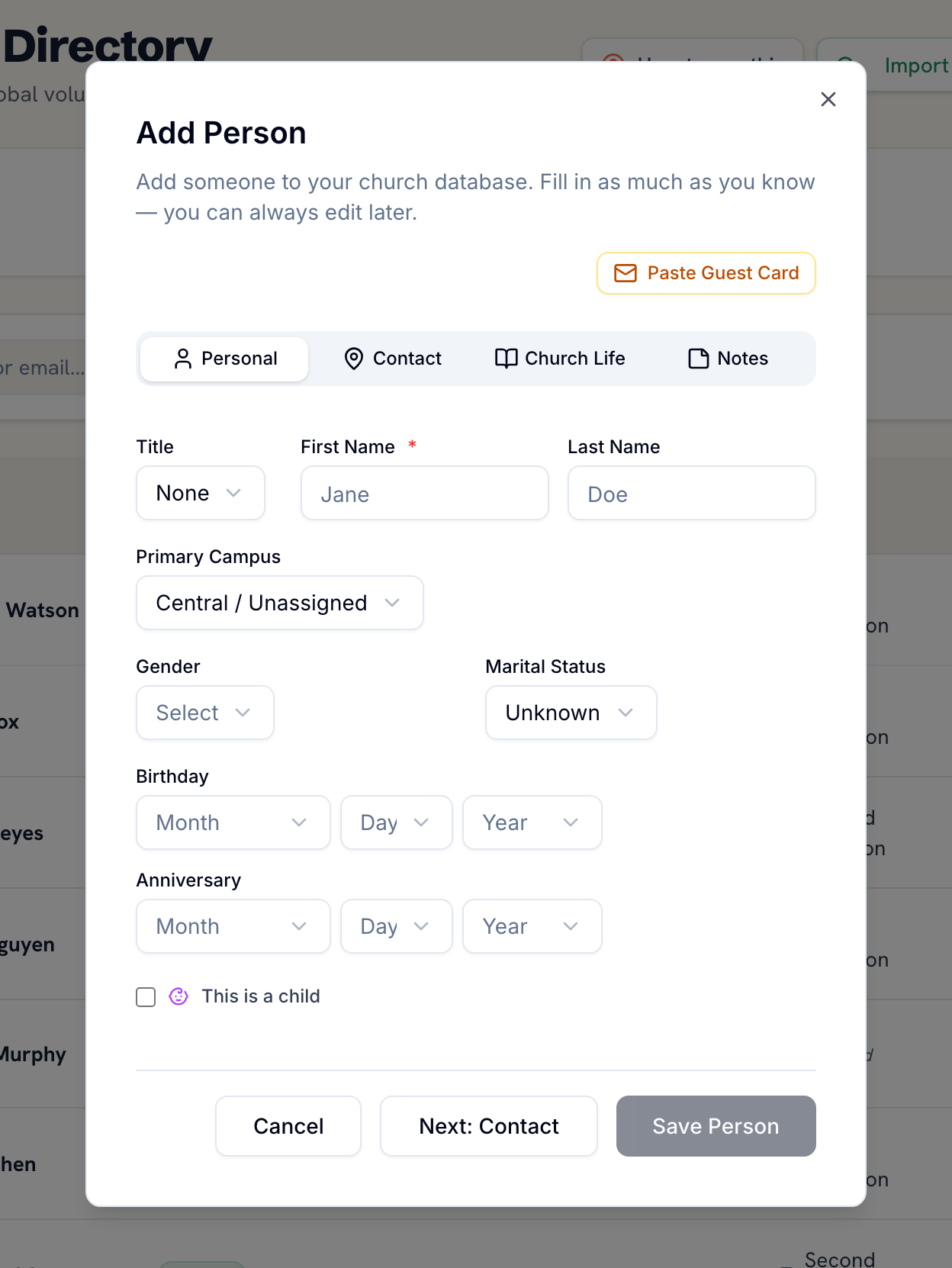 The Add Person dialog in Ministry Planner, showing the Personal, Contact, Church Life and Notes tabs of a person record