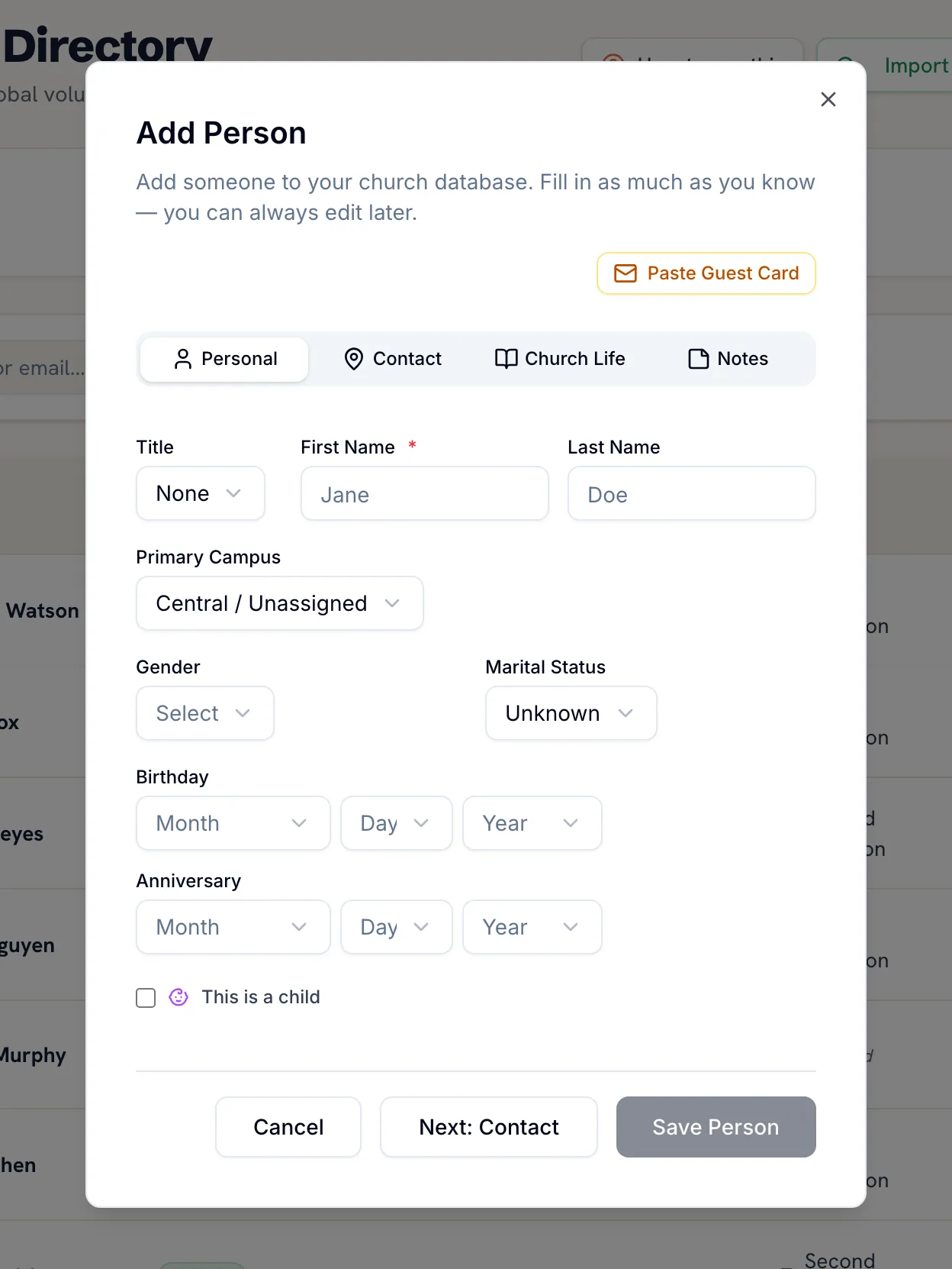 The Add Person dialog in Ministry Planner, showing the Personal, Contact, Church Life and Notes tabs of a person record