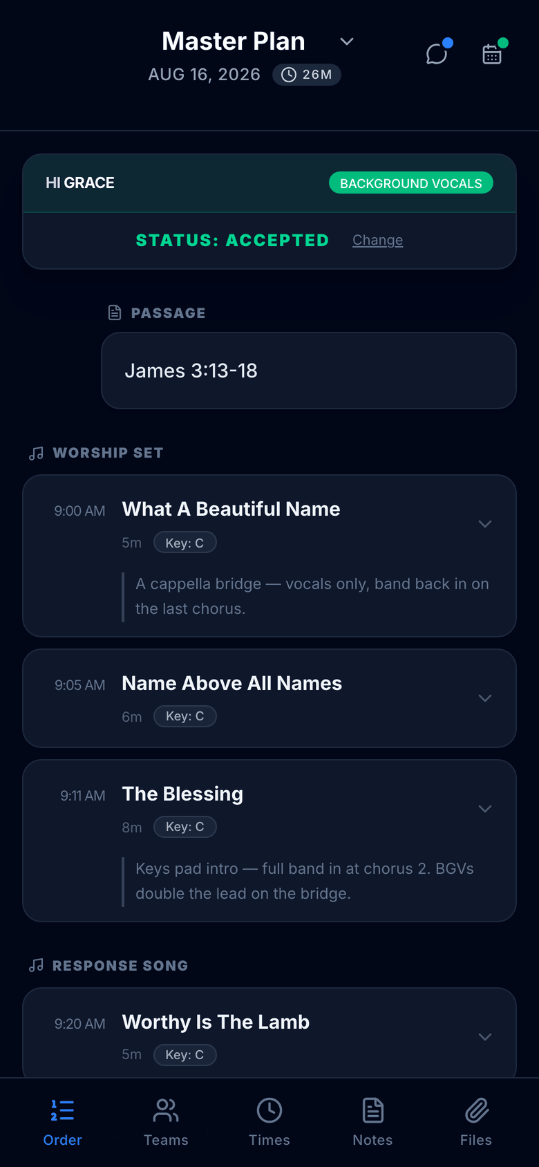Mobile church run sheet: a volunteer's phone view of the Sunday plan, greeting them by name with their role for the morning, their accepted RSVP, the passage, and the worship set with call times and per-song cue notes