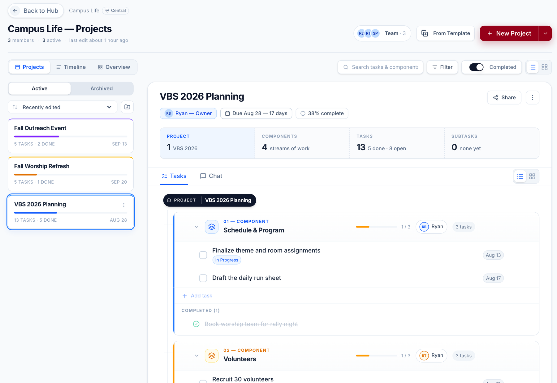 Church project management software: the Campus Life team's VBS 2026 Planning board with four components — schedule and program, volunteers, supplies, and promotion — each with a progress bar, task count and owner