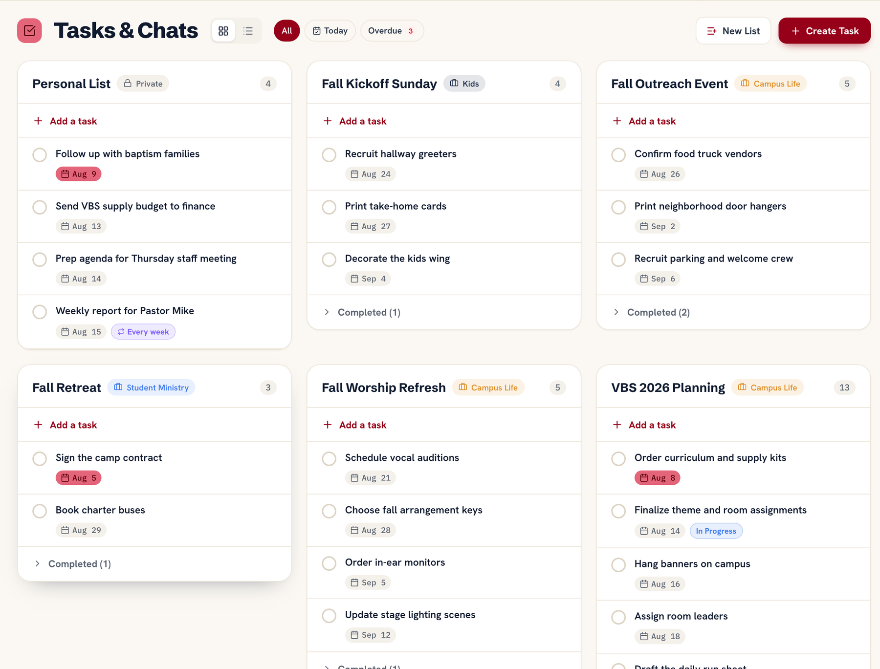 Personal ministry task board: the My Tasks view gathering tasks from every team project into one place beside a private personal list with due dates and a recurring weekly report