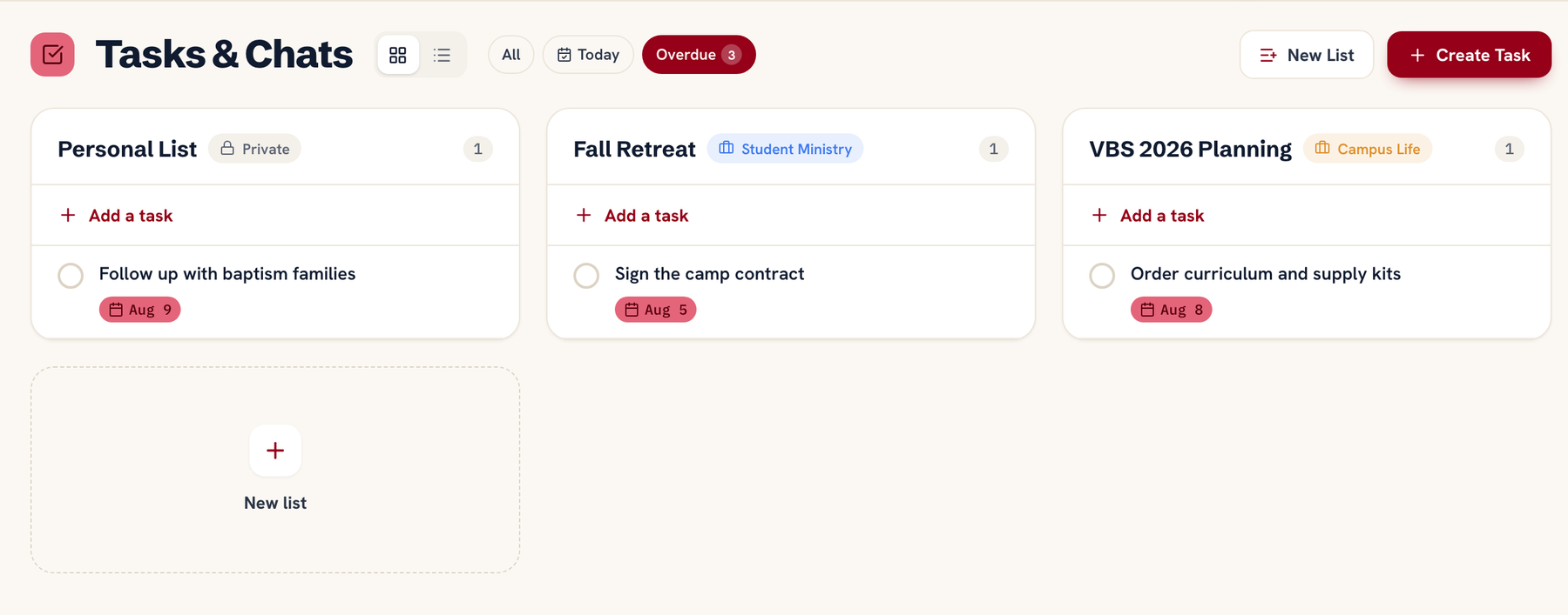 Task deadline tracking for ministry teams: upcoming and overdue tasks surfaced with red flags and due dates so nothing slips through