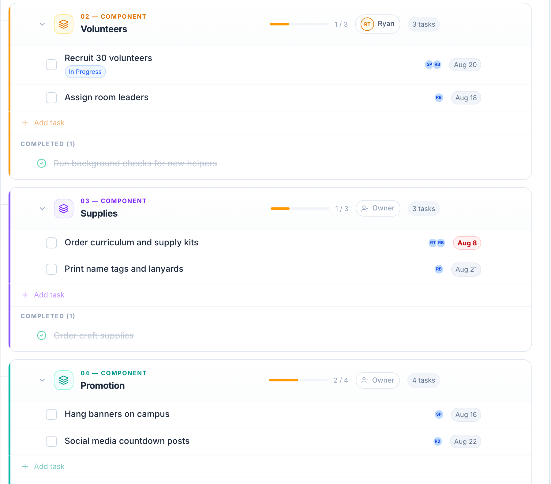 Church task management: VBS 2026 Planning tasks with due dates, assignee avatars, status badges, a red overdue flag and completed items grouped by component