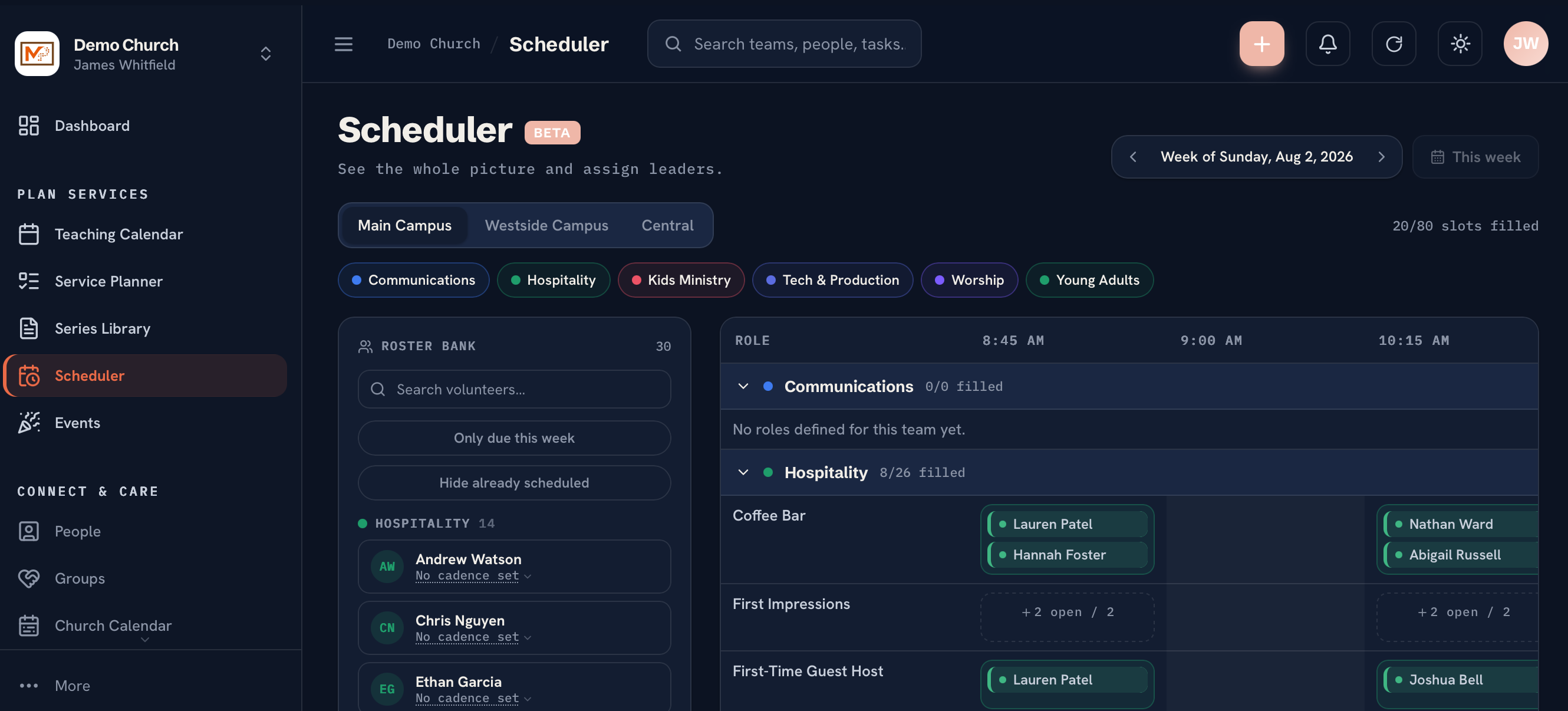 Church volunteer scheduling software: the Ministry Planner Scheduler showing the roster bank and the week's role grid across every team and service time