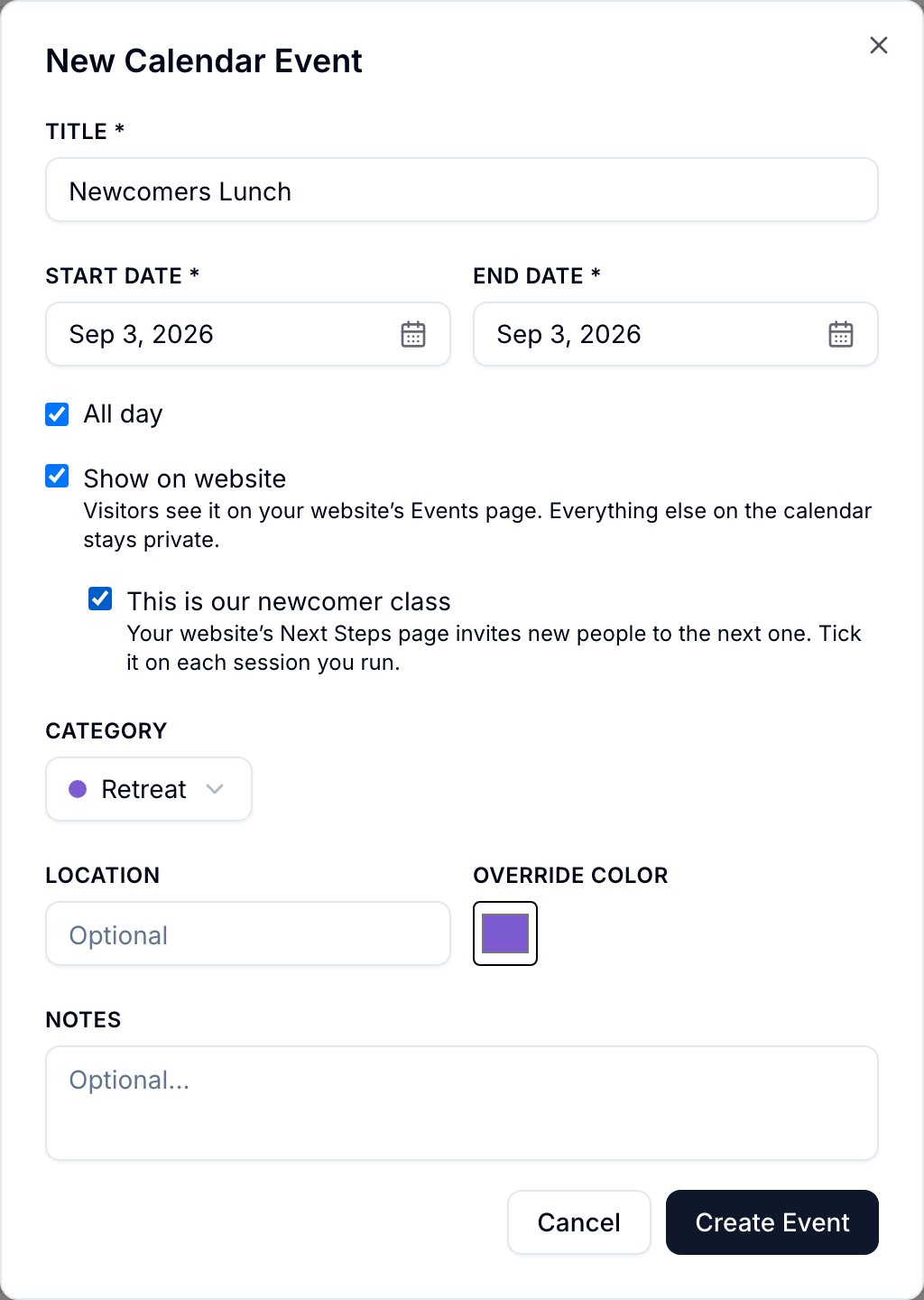 The New Calendar Event form in Ministry Planner with "Show on website" and "This is our newcomer class" ticked