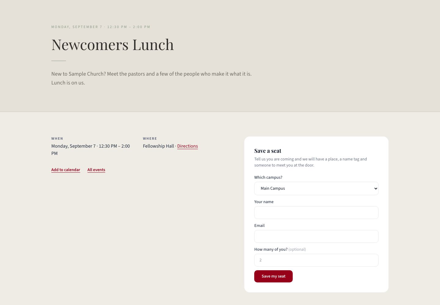 The Newcomers Lunch event page on a church website: date and time, where it meets with a directions link, add-to-calendar, and a Save a seat form