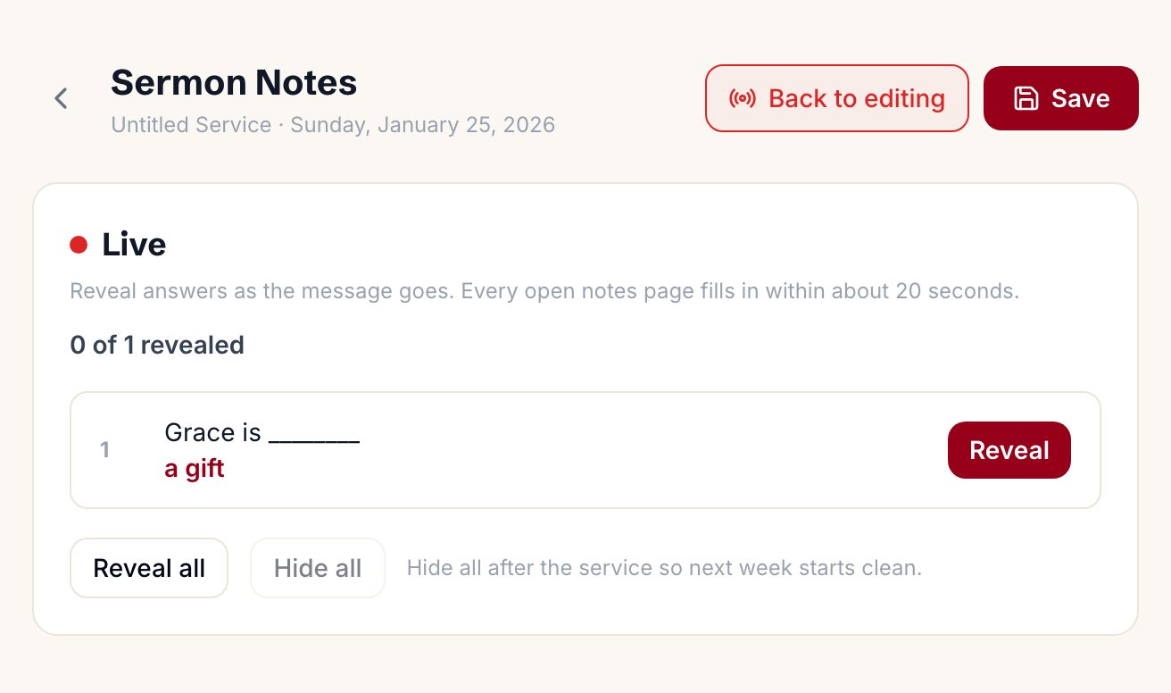 The Sermon Notes editor in Ministry Planner with the Live panel open: a blank reading "Grace is ____" with its answer and a Reveal button, plus Reveal all and Hide all