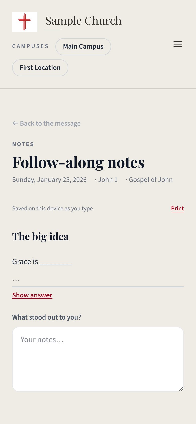 A church website's follow-along sermon notes on a phone: the message title and passage, a blank to fill in with a Show answer link, and a box for the visitor's own notes