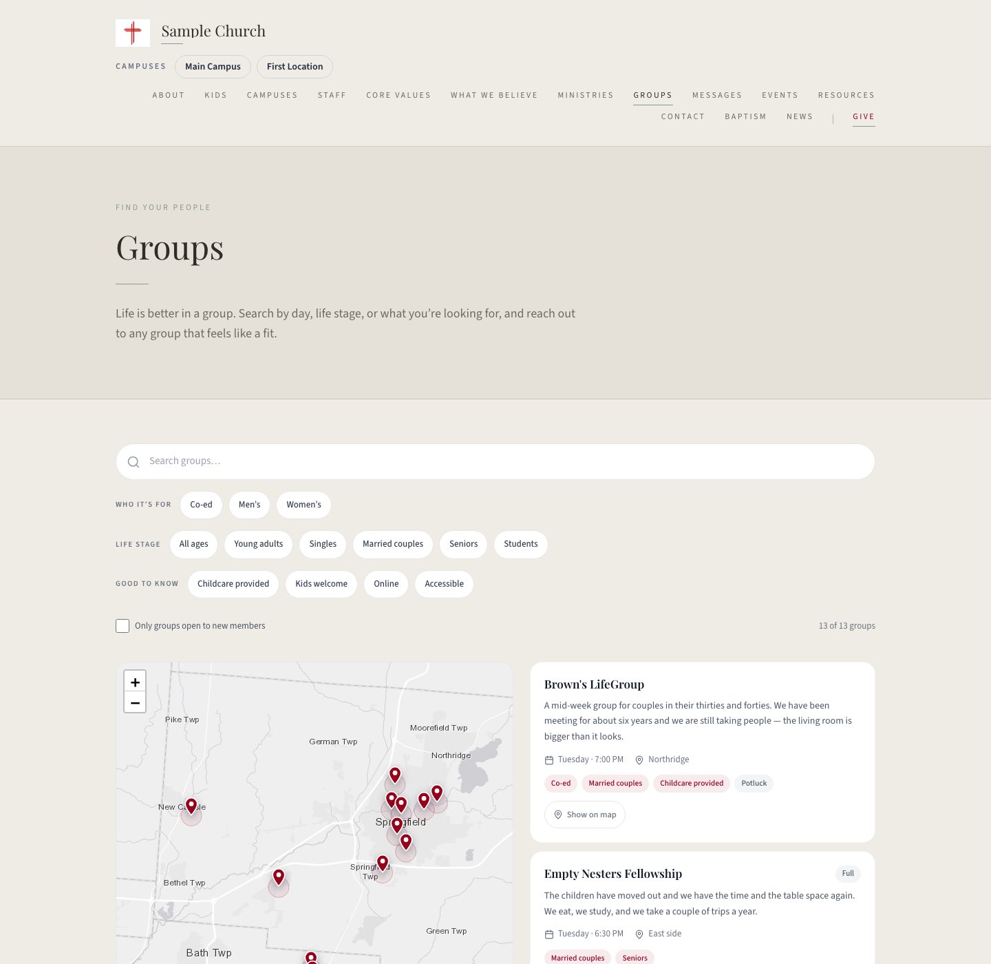 A church website's Groups page in the Chapel template: a search box, filter chips for who it is for and life stage, a map of where groups meet, and cards for each group