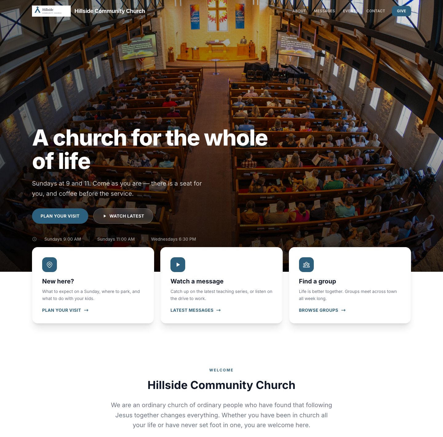 The Modern template's home page for a sample church: a welcome photo with service times, then cards for new visitors, messages and groups