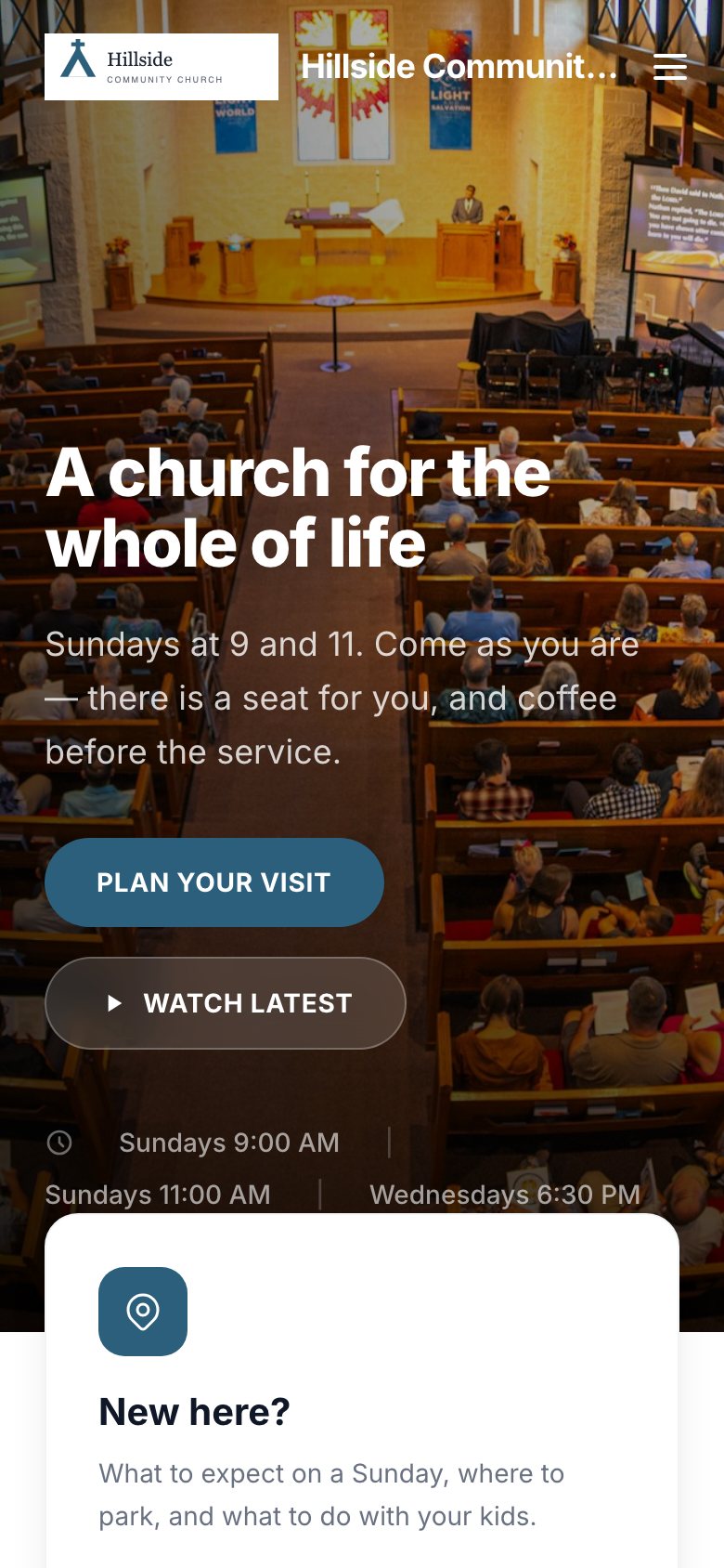 The Modern template's home page on a phone: the welcome photo, service times and the first visitor card