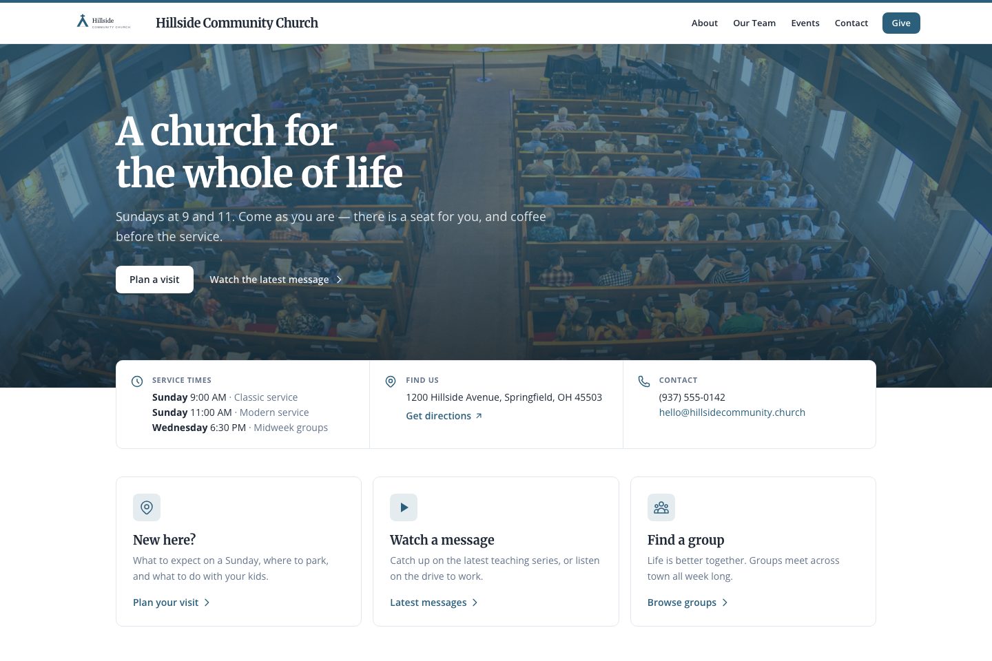 Cornerstone template: the sample church's home page