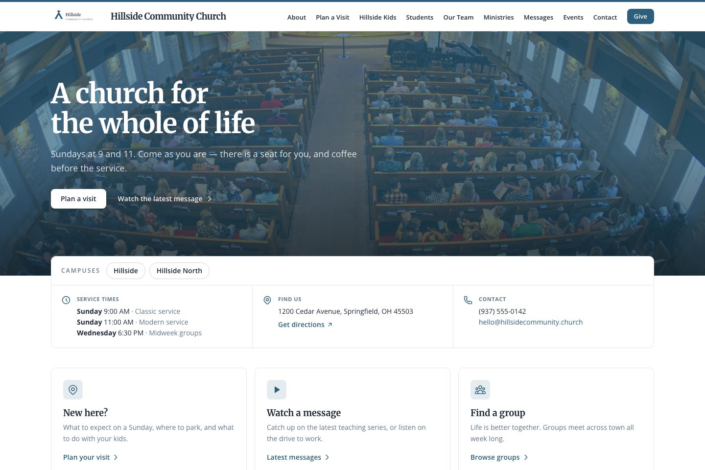 Cornerstone template: the sample church's home page